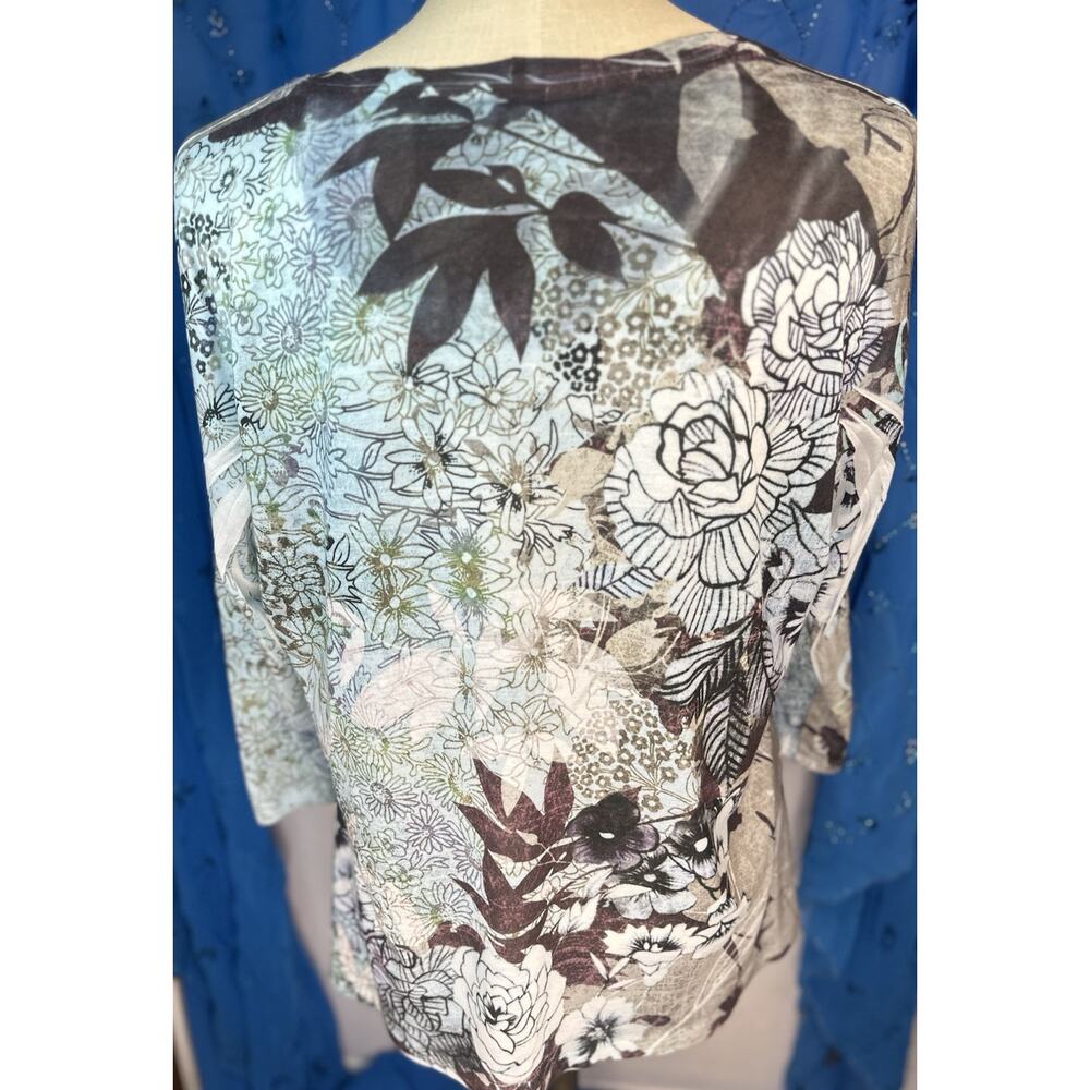 Women's Chico's Boho Blue Brown Floral Studded 3/4 Sleeve Blouse Top Size 3 - Picture 6 of 7
